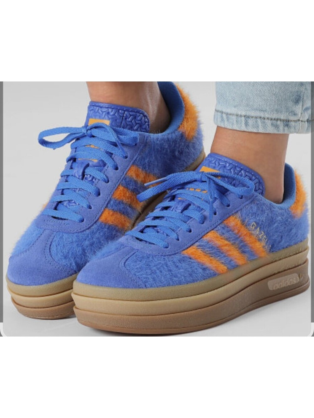Adidas Gazelle Bold Platform Shoes Women's Size 7 Blue Orange Fuzzy Fur JS3906